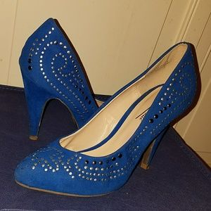 Blue suede shoes!!! With copper and silver brads.